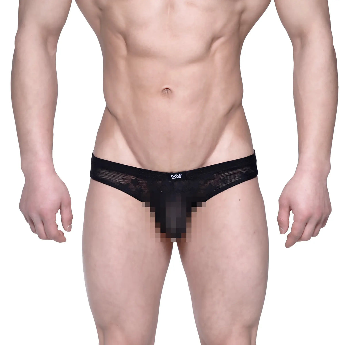 MetroMaleWear Capri bikini star black lace thong with subtle mesh texture and white logo on waistband back side view