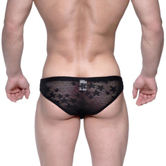 Black star-patterned mesh briefs metro malewear capri bikini star black 6103-51 front view