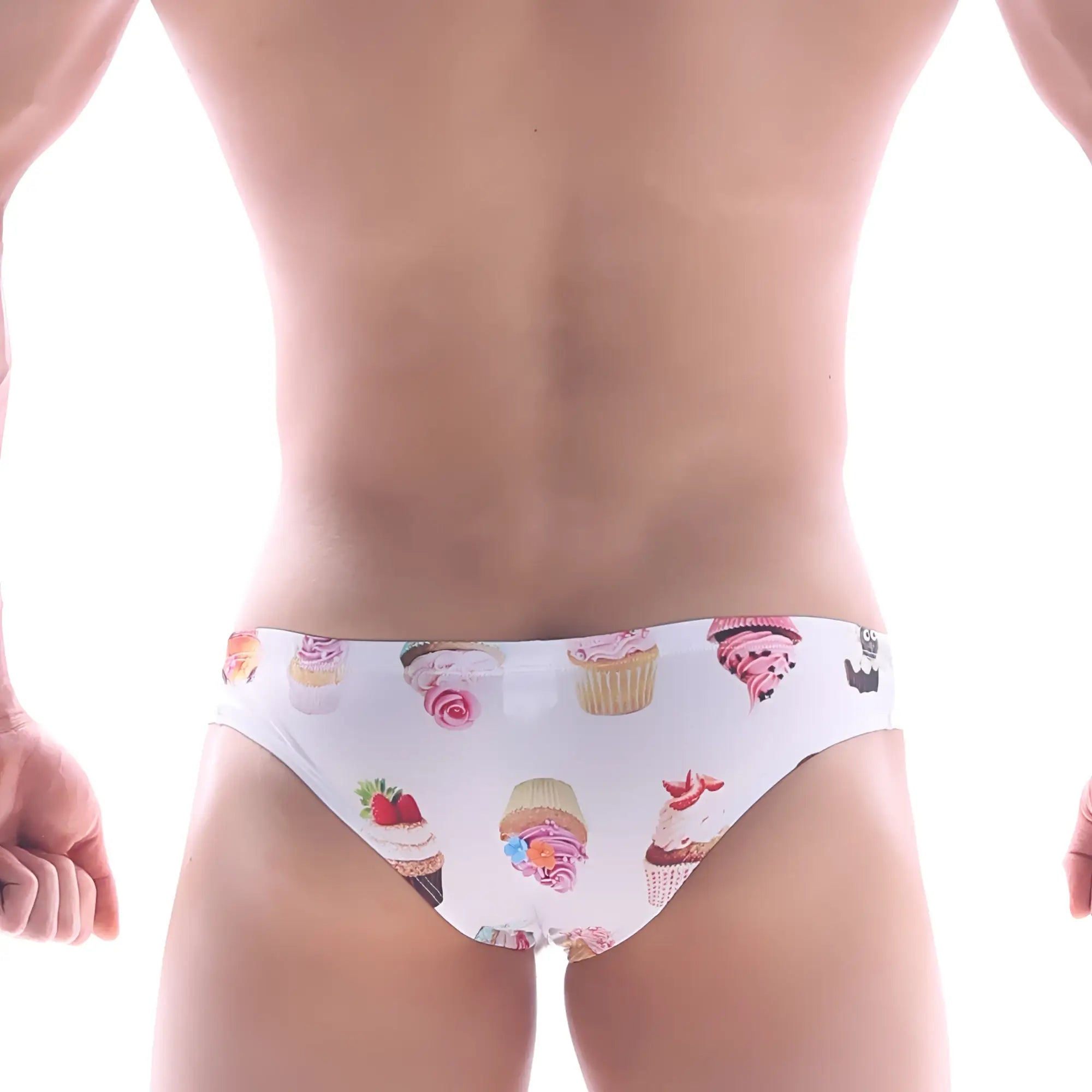 MetroMaleWear Capri bikini sweet cake white swim trunks with colorful cupcake and frosting pattern for beachwear