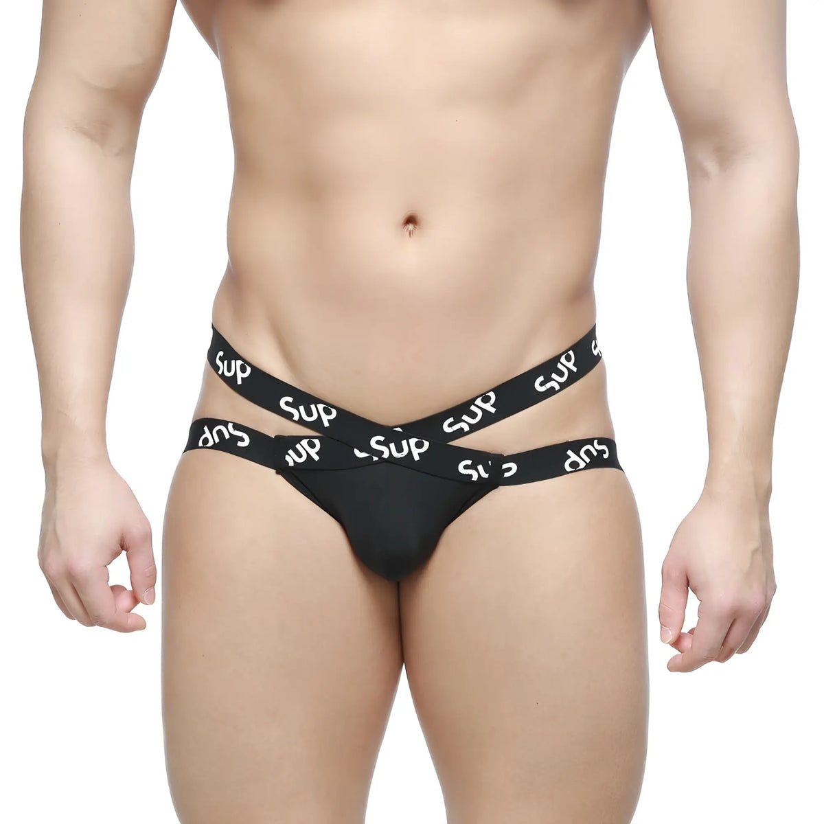 Black metro malewear cara jock strap with two crossed white sup branded waistbands for men