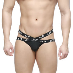 Black metro malewear cara jock strap with two crossed white sup branded waistbands for men