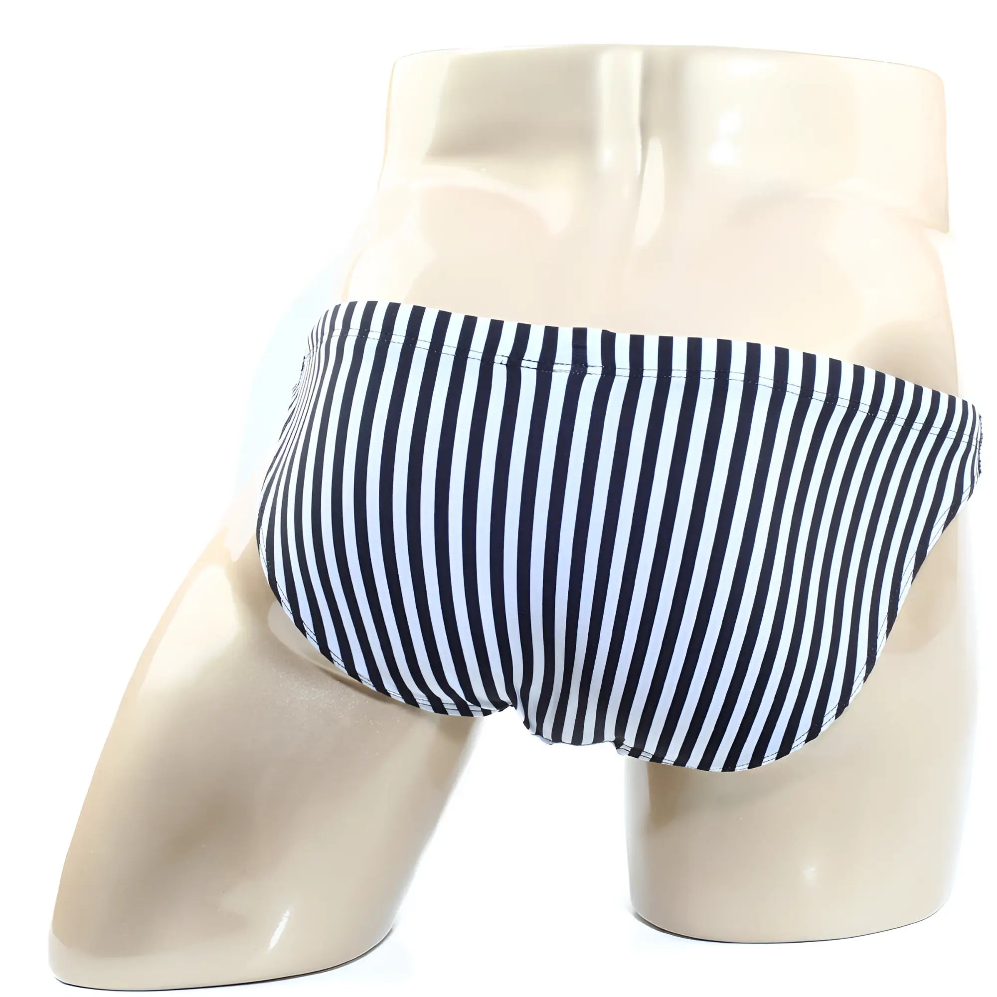 Black and white vertically striped men’s swim trunks on a mannequin metroMalewear Carousel Swim Bikini 4937-55