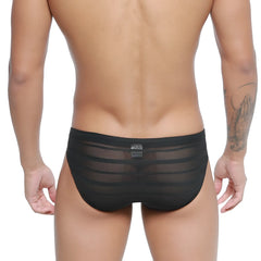 Black sheer mesh briefs with horizontal striped pattern metro ma lewear carril bikini 5103-m33 front view