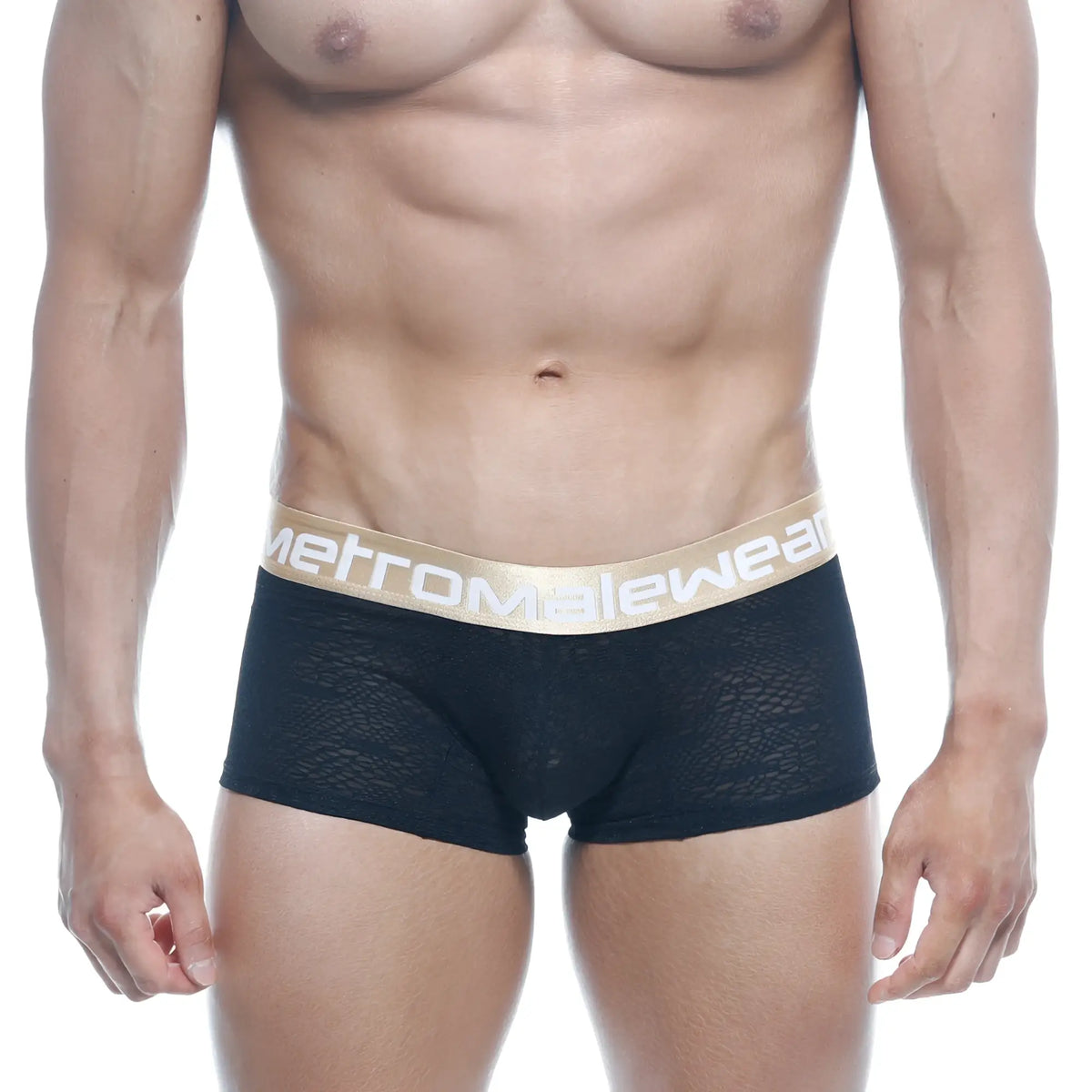 Black lace MetroMaleWear carve short boxer briefs with gold logo waistband in black 7 inch length 2022-61