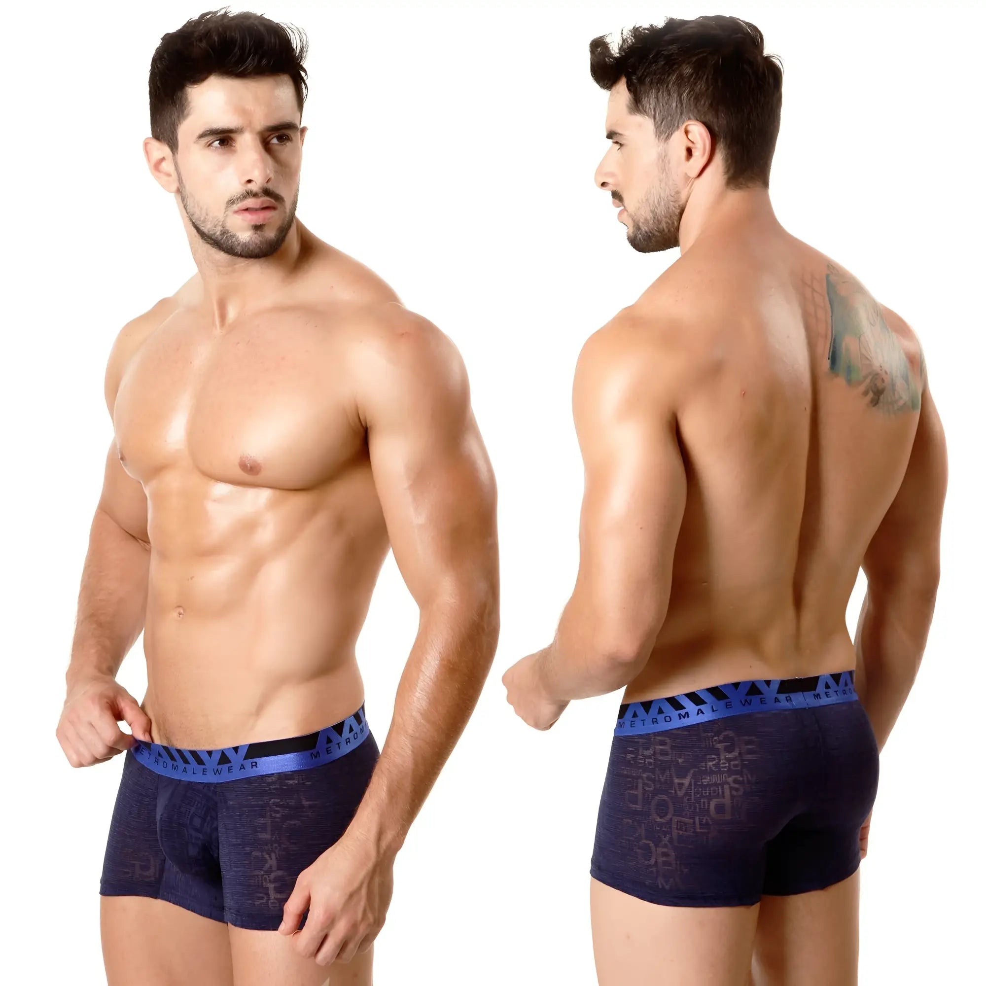 Navy blue men’s briefs with textured pattern and bright blue waistband featuring metallwear brand name metro male wear