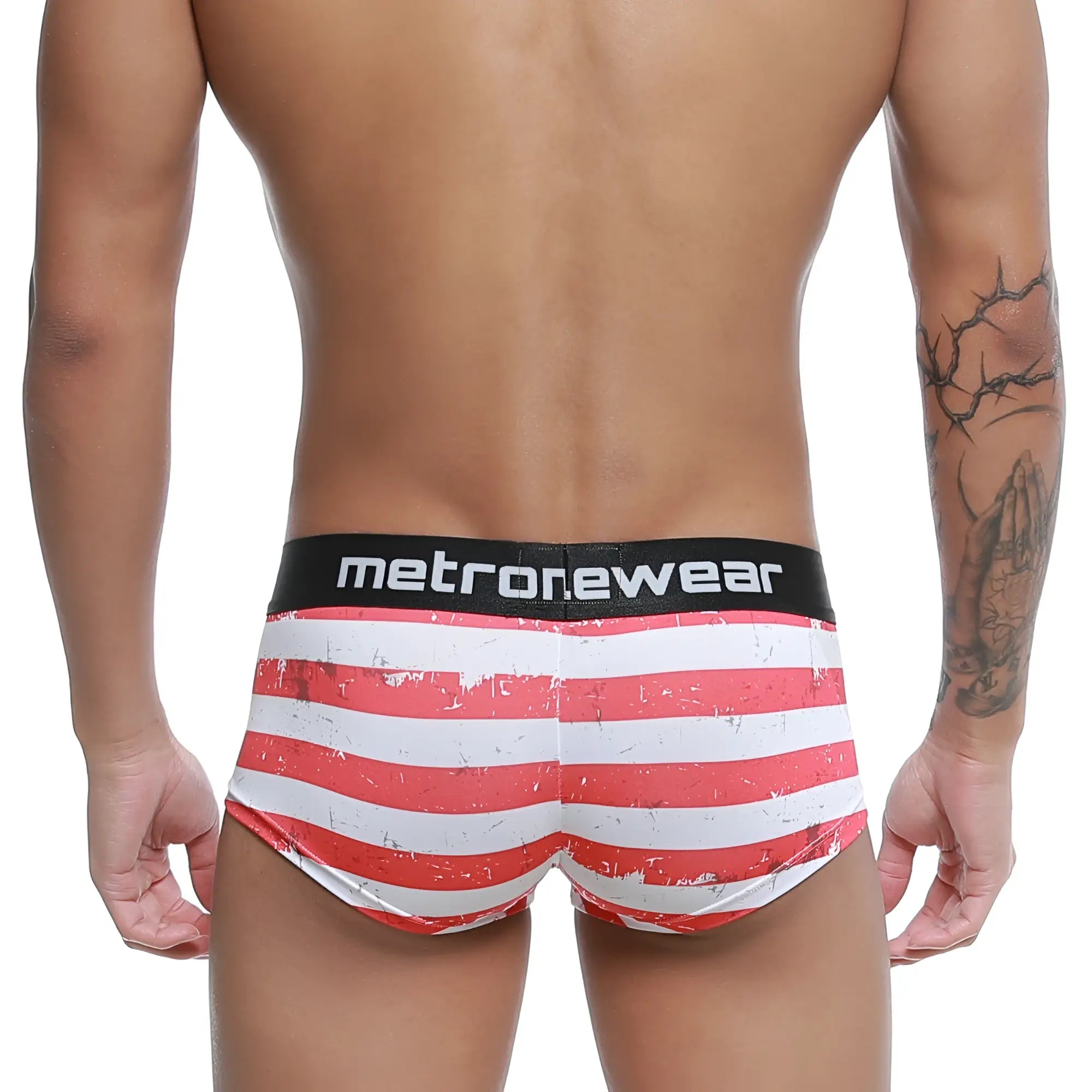 Red and white striped men briefs with distressed design and black metronewear waistband metroMalewear castro trunk batalla 2213-92