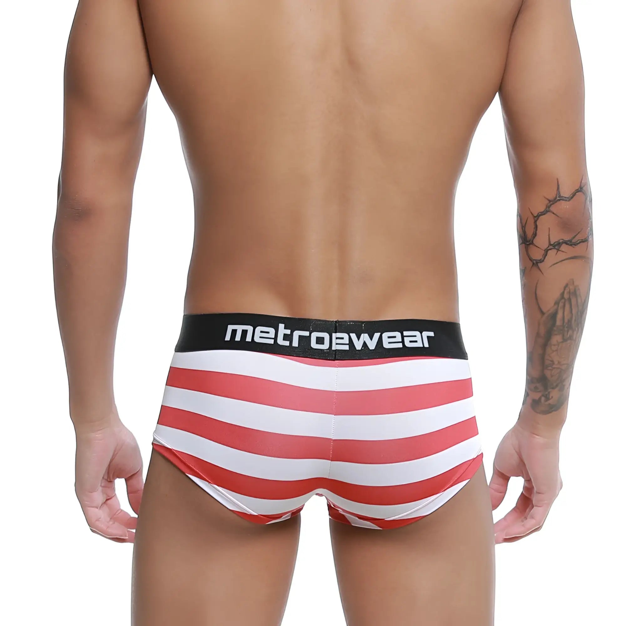 Red and white striped mens briefs with black metrowear waistband metro malewear castro trunk patriot 2213-90