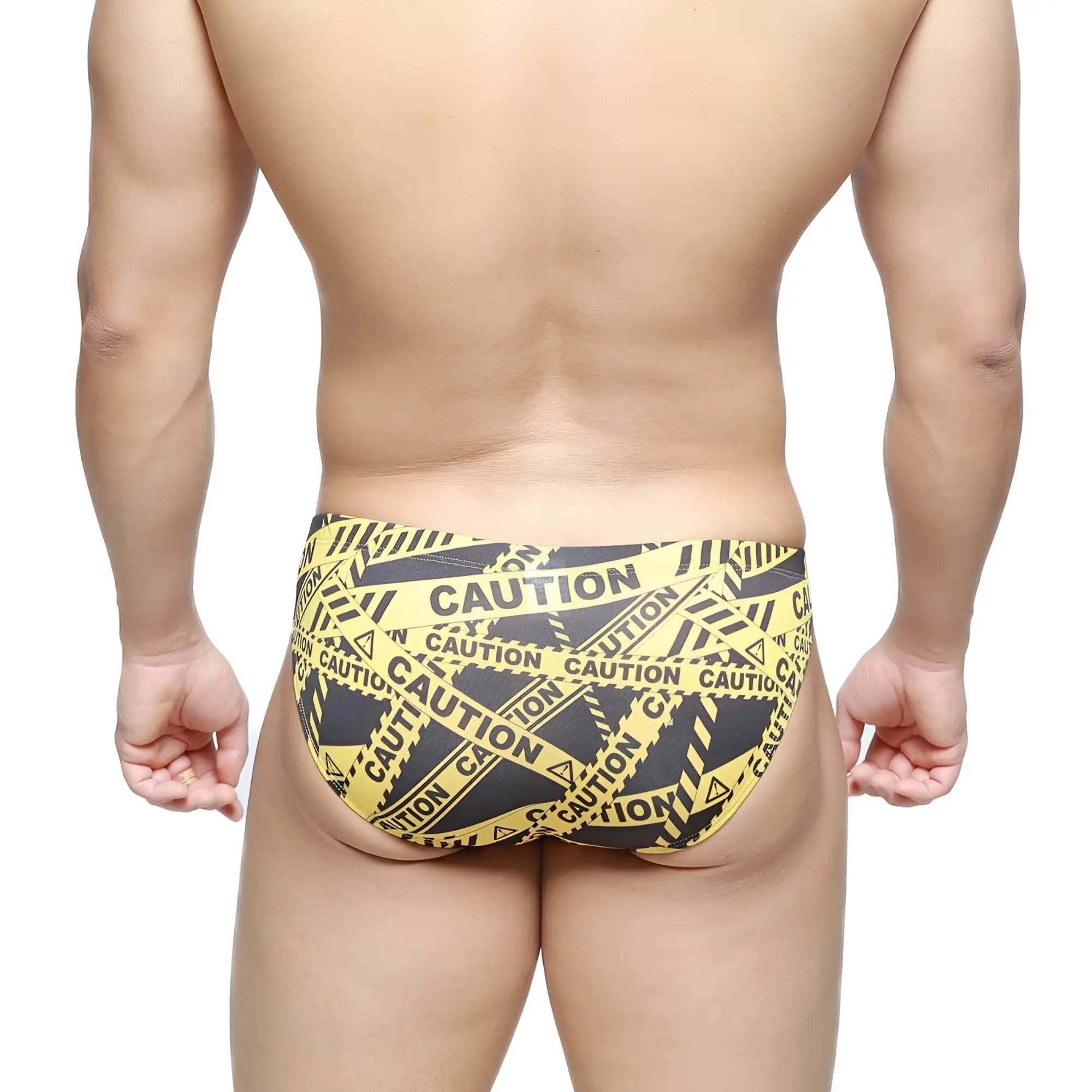 Metro malewear caution bikini black 5103-m61 swim trunks with yellow and black caution tape pattern