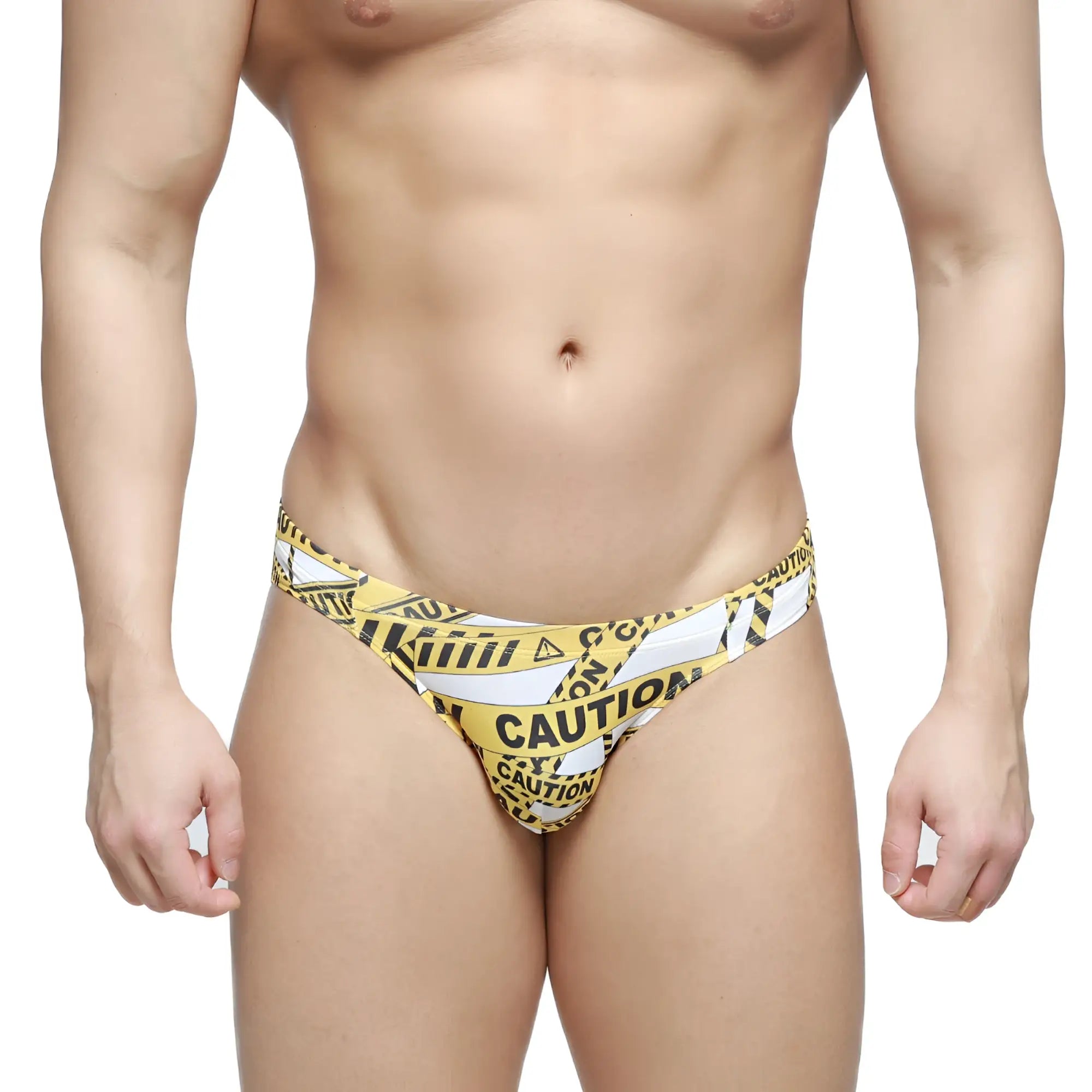 MetroMalewear caution bikini white 5103-m60 yellow and black caution tape patterned swim trunks front view