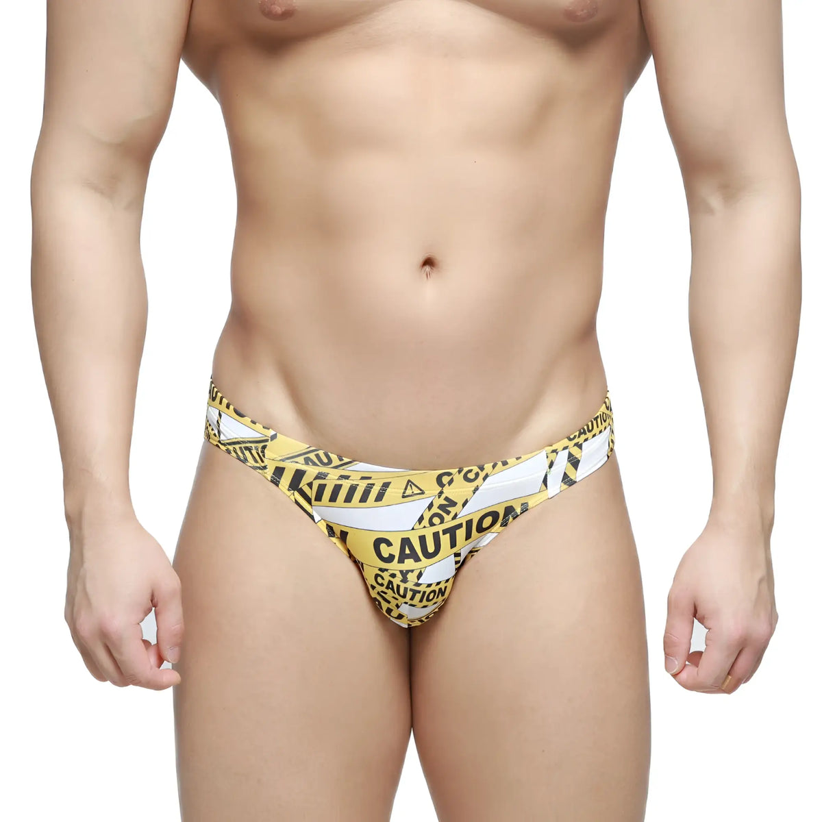 MetroMalewear caution bikini white 5103-m60 yellow and black caution tape patterned swim trunks front view