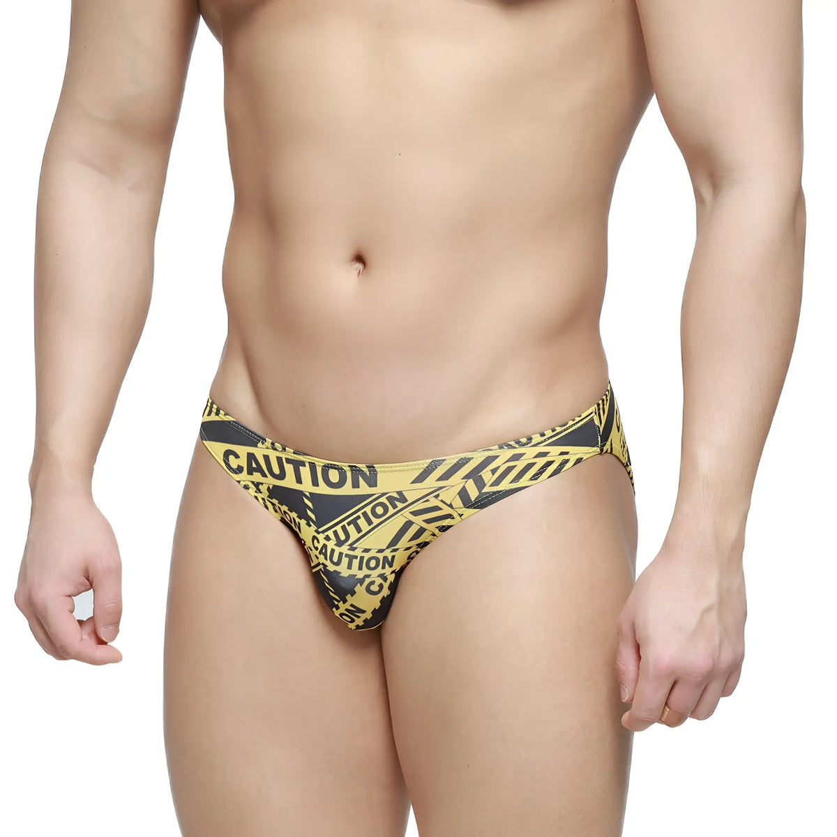 Yellow and black caution tape patterned metro malewear lowrise bikini briefs in black for men