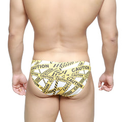 MetroMaleWear caution lowrise bikini swim trunks in yellow and black caution tape pattern for men