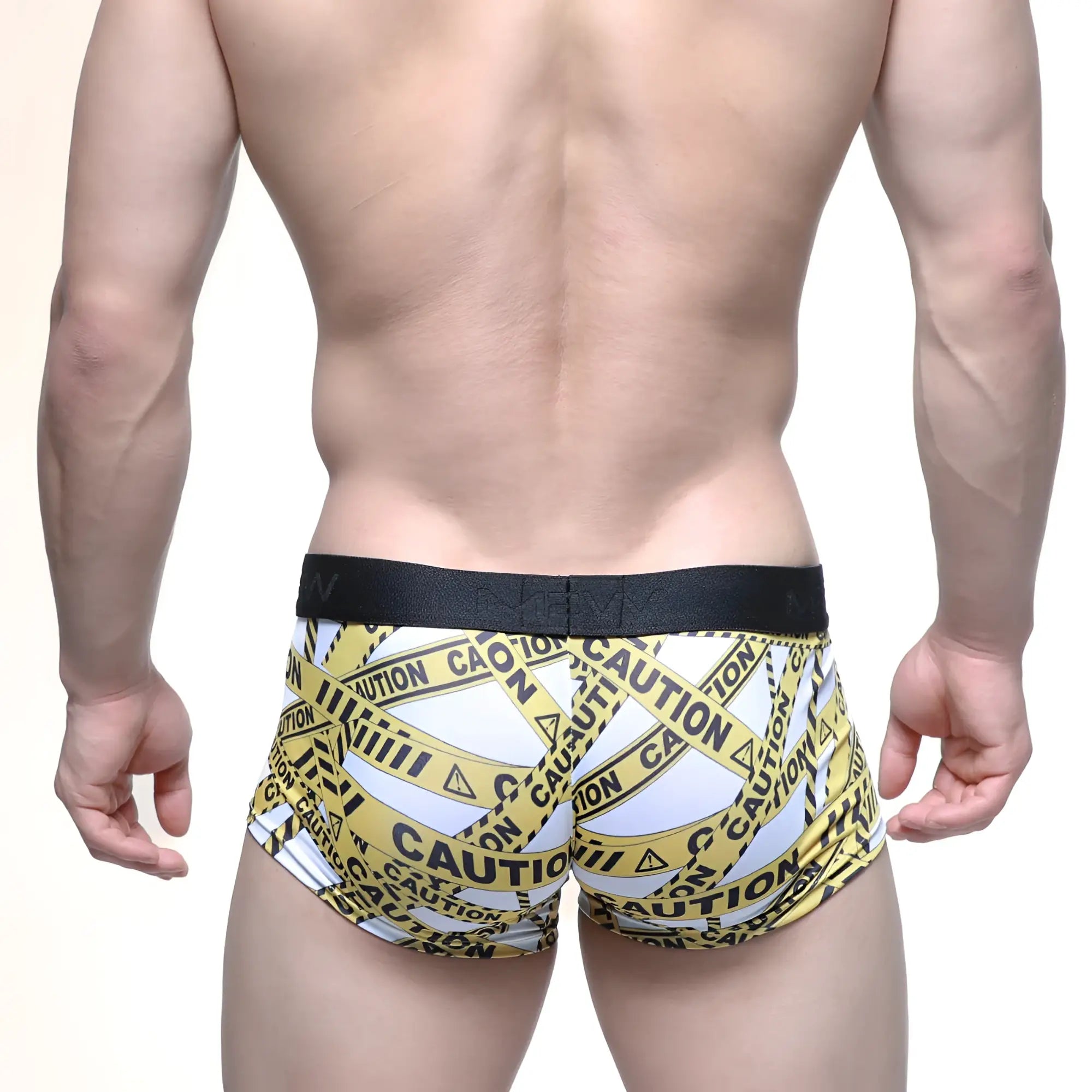 MetroMaleWear caution trunk white 2026-69 men’s briefs with white and yellow caution tape pattern and black waistband