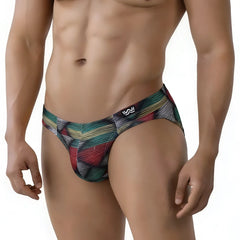 Metro malewear cebada bikini 5103-m88 vibrant teal red and yellow striped men’s briefs with black waistband and w logo