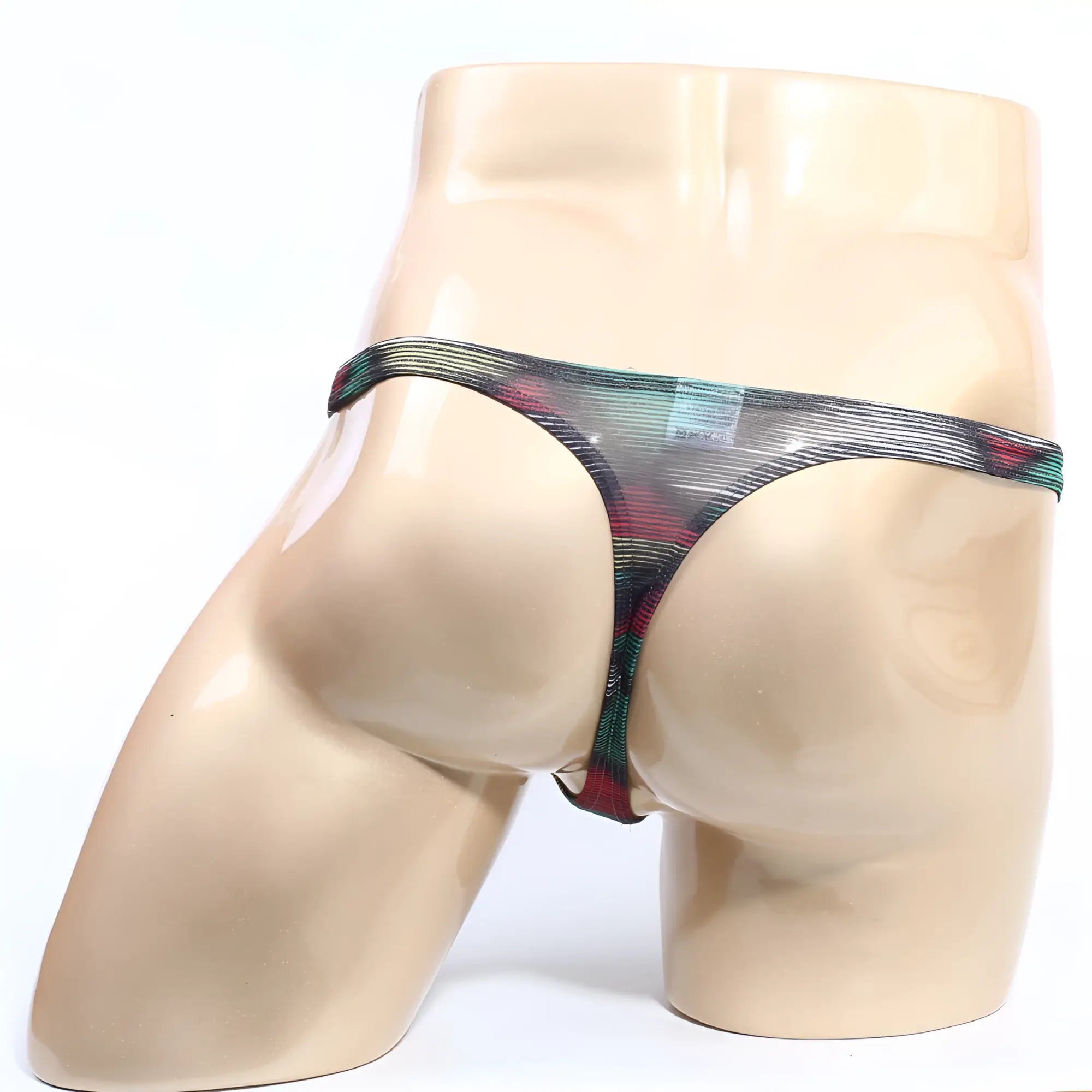 MetroMaleWear Cebada thong 2302-M88 sheer patterned black thong with vibrant red green and teal stripes