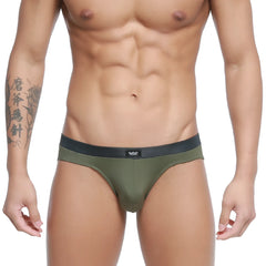 Olive green metro malewear cebolla bikini briefs with black waistband and small white logo front view