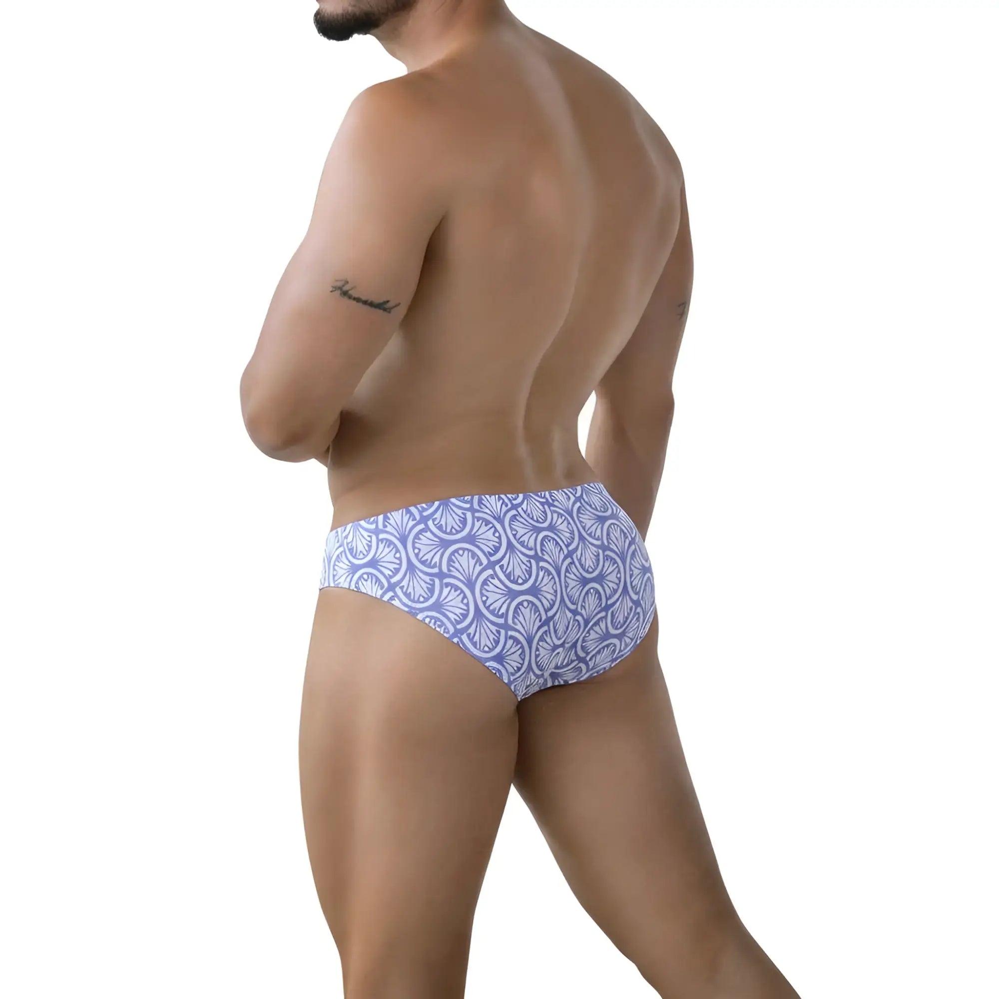 MetroMaleWear Celadon Bikini 5103-M79 purple and white patterned briefs with decorative fan-like design front view