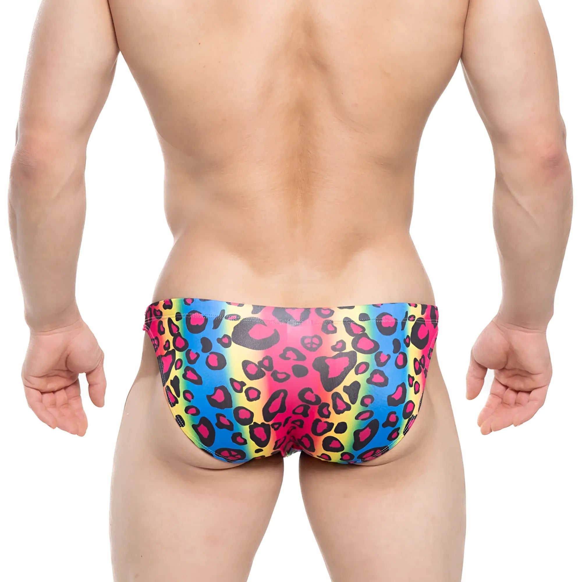 MetroMaleWear character swim bikini 4937-06 vibrant rainbow-colored swim trunks with bold pink and black leopard print pattern
