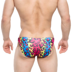 MetroMaleWear character swim bikini 4937-06 vibrant rainbow-colored swim trunks with bold pink and black leopard print pattern