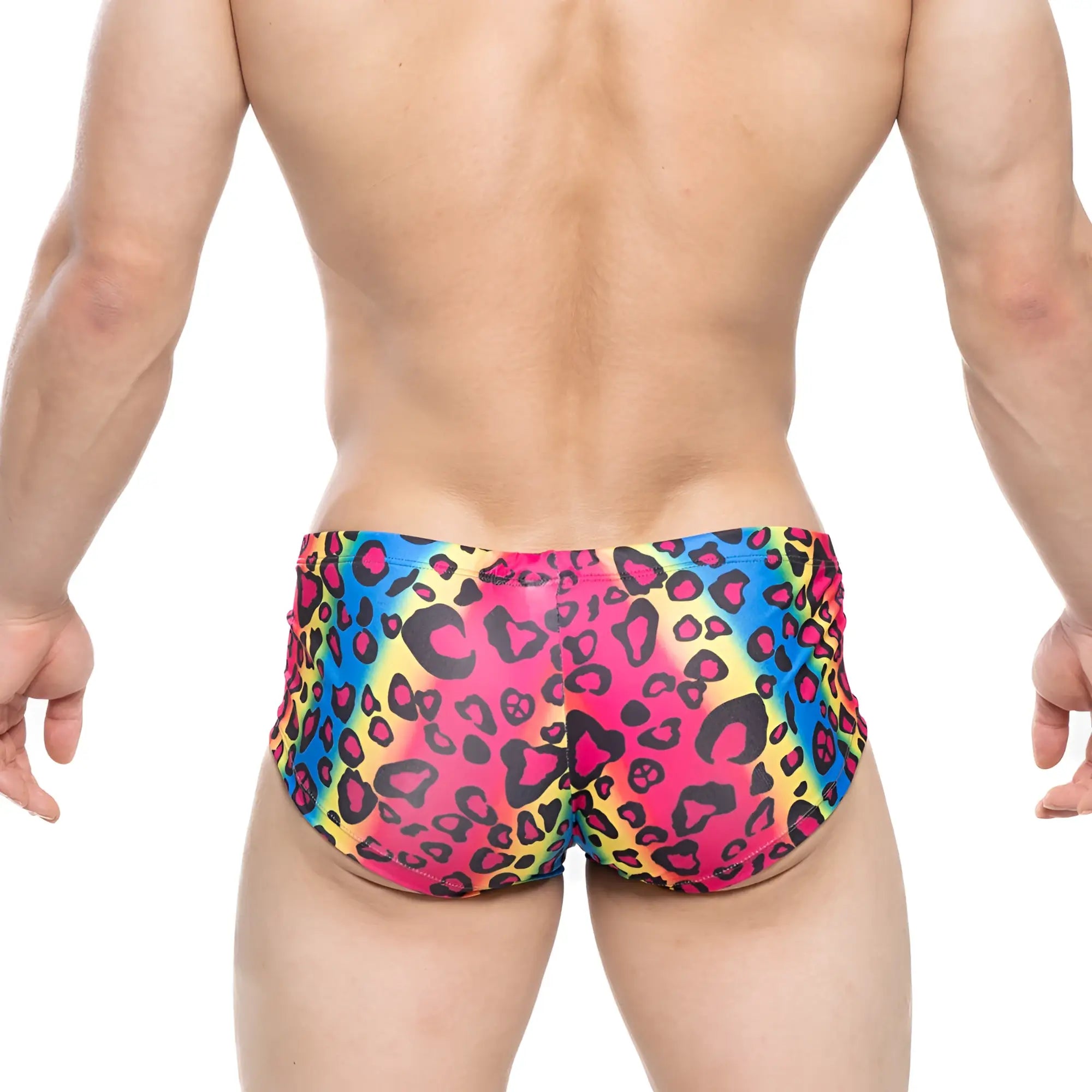 Vibrant rainbow leopard-print swim trunks with bold pink yellow and blue hues metro male wear character trunk 2125-16