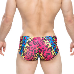 Vibrant rainbow leopard-print swim trunks with bold pink yellow and blue hues metro male wear character trunk 2125-16