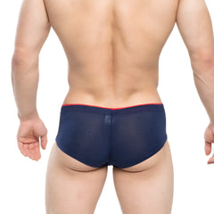 Navy blue mesh briefs with red waistband trim from MetroMaleWear cheek inmenso 2028-75 showcasing front view