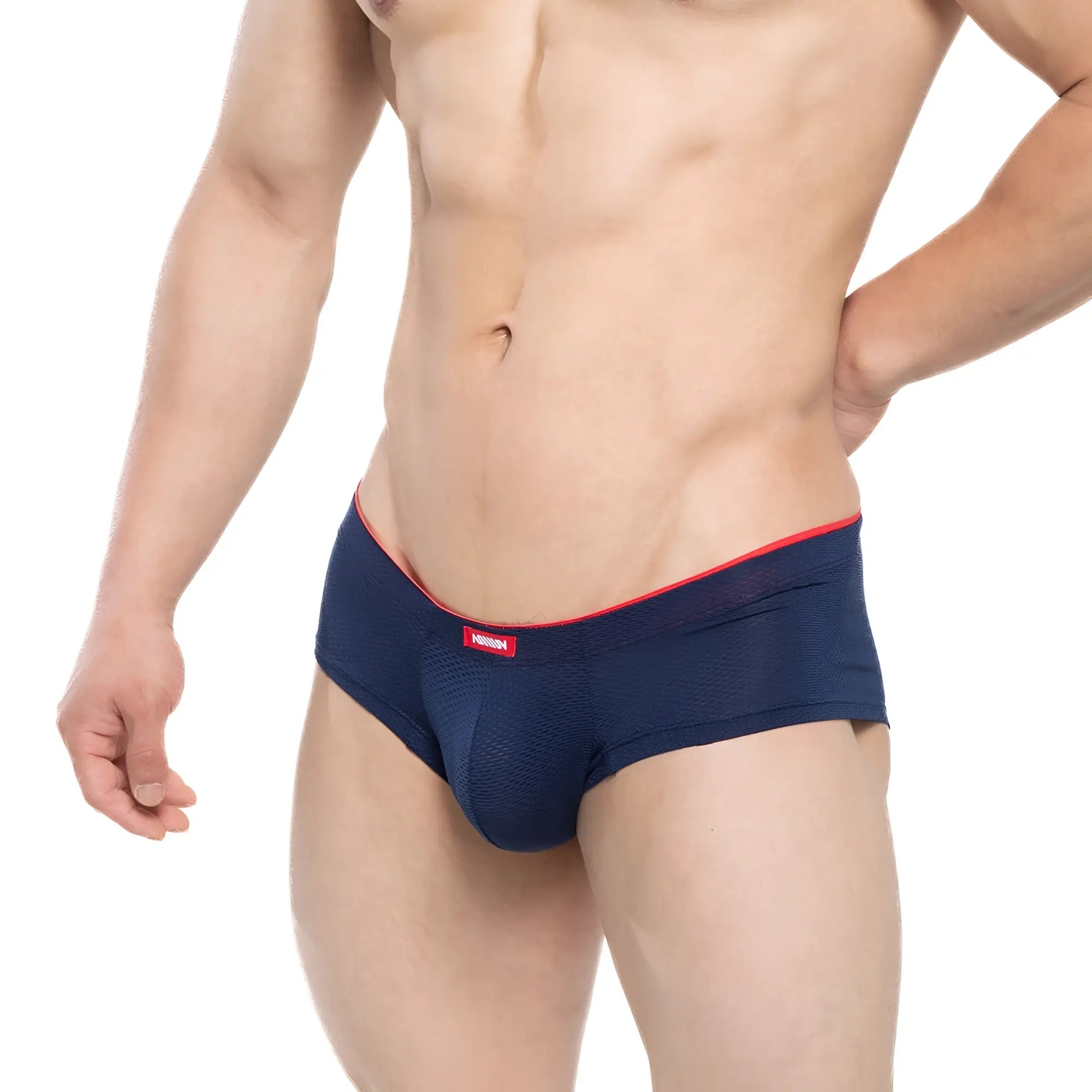 MetroMaleWear cheek Inmenso 2028-75 navy blue mesh briefs with red trim and brand tag on waistband