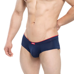 MetroMaleWear cheek Inmenso 2028-75 navy blue mesh briefs with red trim and brand tag on waistband