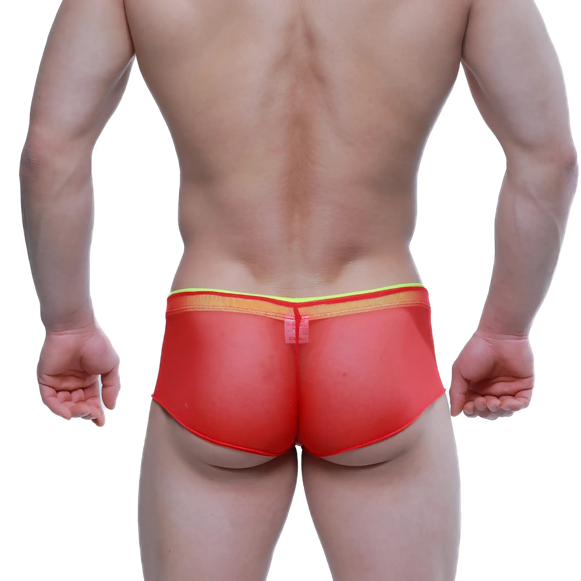 Red mesh briefs with yellow and orange striped waistband by Metromalewear cheek onion 2028-72