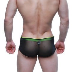 Black mesh briefs with neon green waistband and small black tag at center back metro malewear cheek tull 2028-70 back view