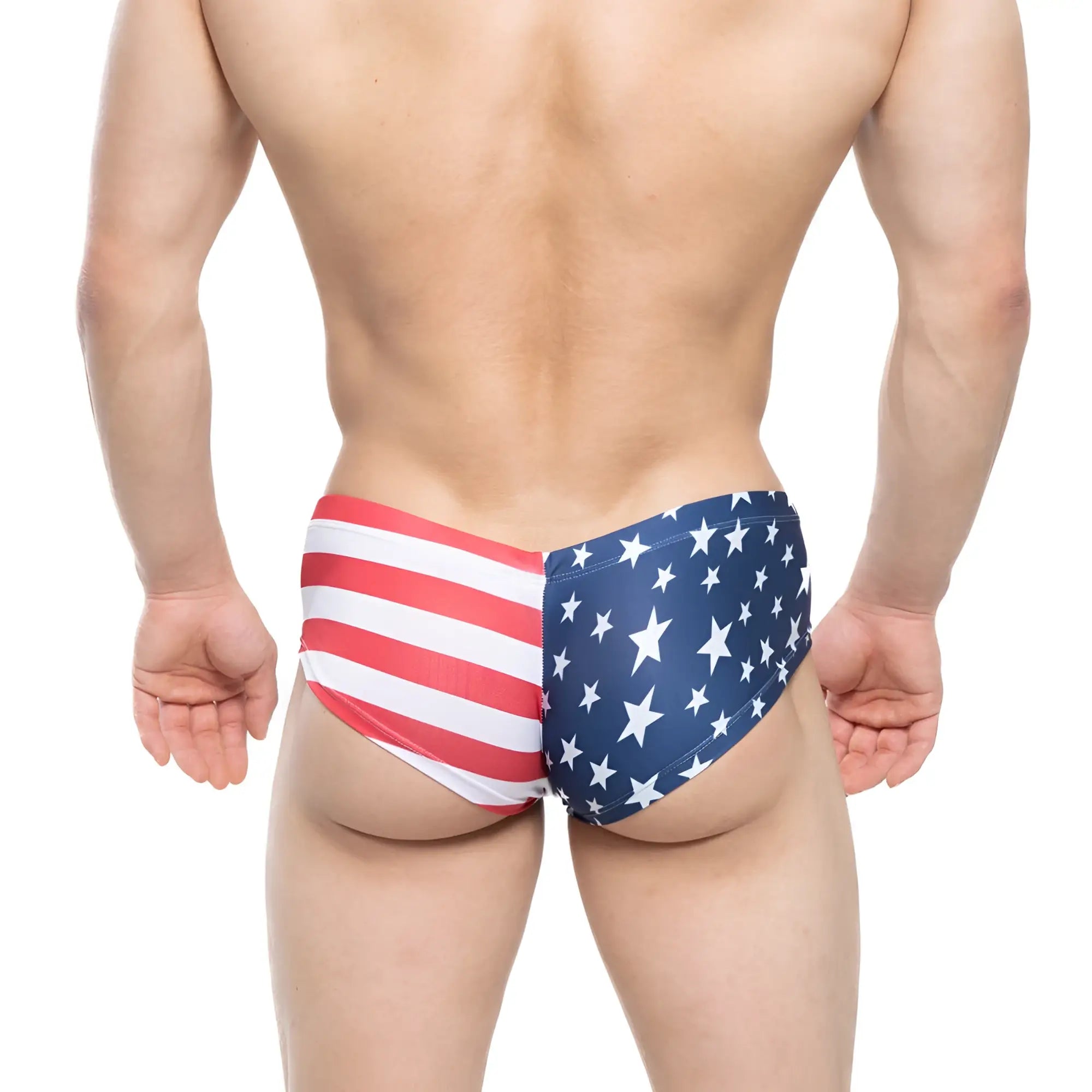 MetroMaleWear CHEEK USA 2028-90 swim trunks featuring American flag red white stripes and blue with white stars design