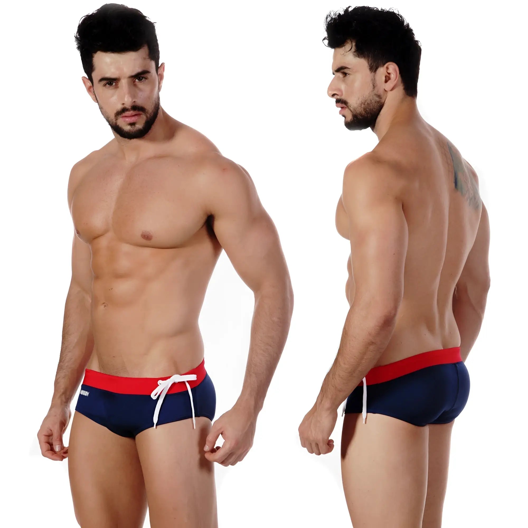 Navy blue MetroMaleWear Chrome swim brief 4910-28 with red waistband and white drawstring for swimming