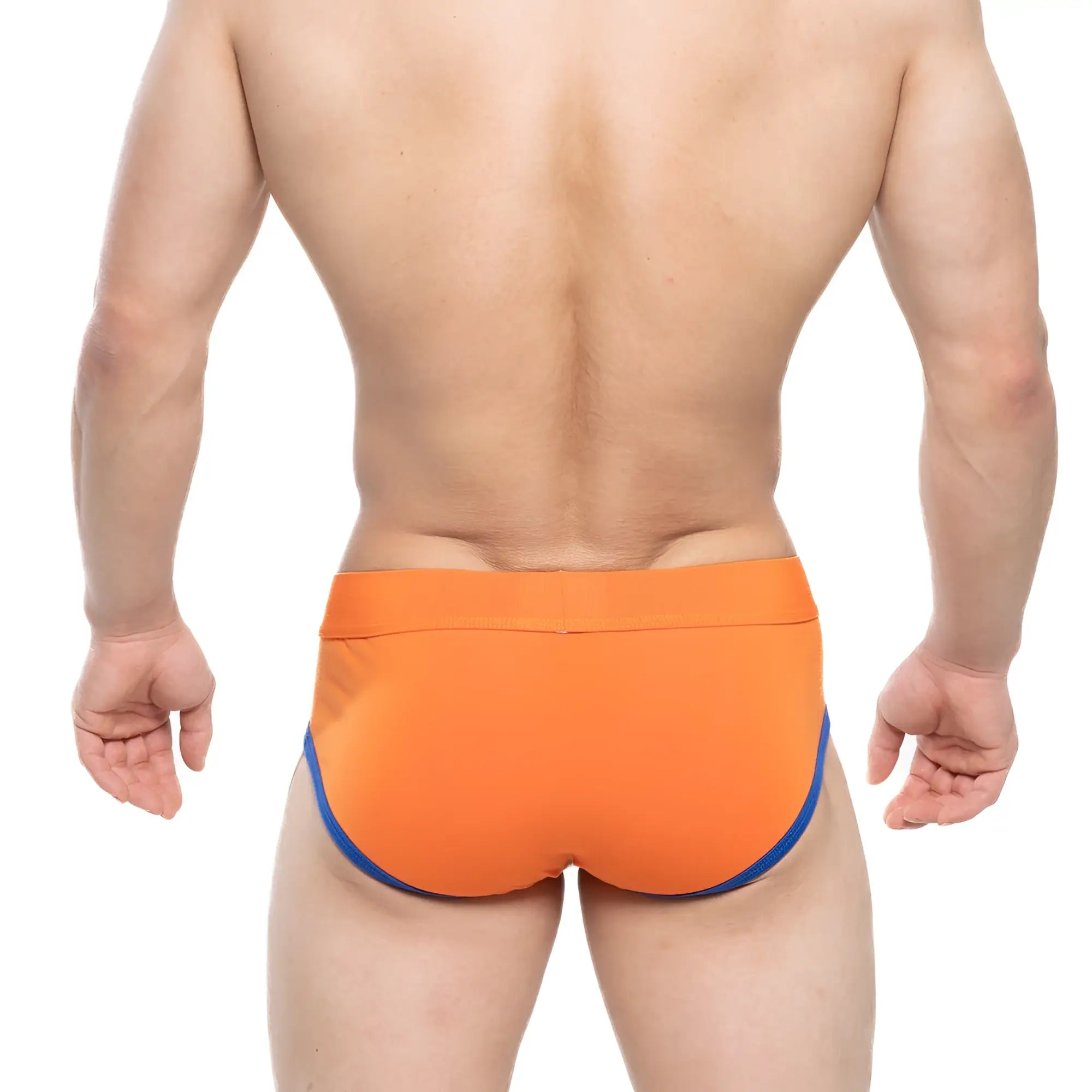 Bright orange metroMalewear ciclerut brief 9004-24 swim trunks with contrasting blue trim on the sides