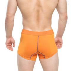 Bright orange MetroMaleWear Ciclerut Short Boxer 7 inch with matching elastic waistband and purple seam stitching