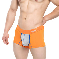 Orange metro malewear ciclerut short boxer briefs with gray blue front panel and white branded elastic waistband
