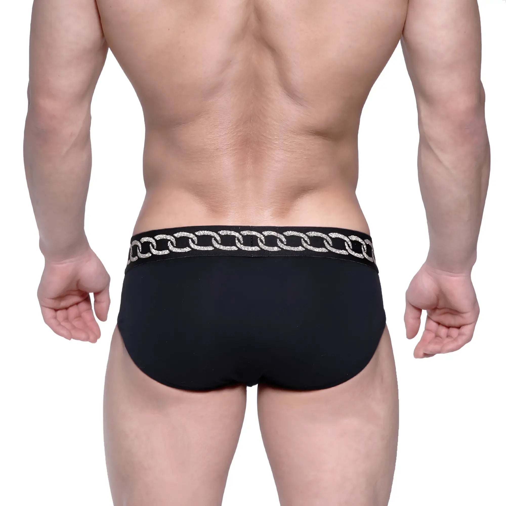 MetroMaleWear classic hip brief metal black with silver chain-link trim along the waistband in black briefs