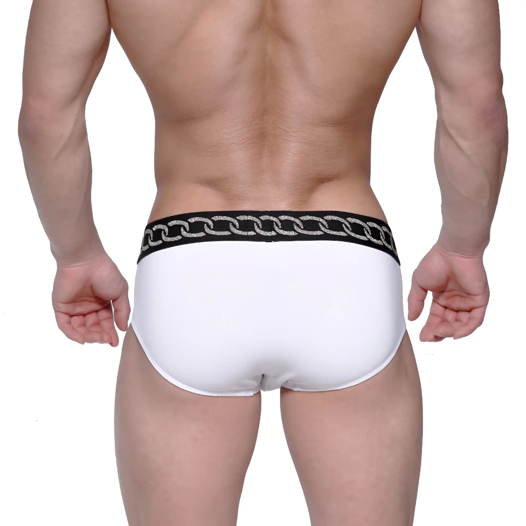 MetroMaleWear classic hip brief metal white with black waistband and silver chain pattern for stylish comfort