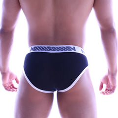Black metroMalewear classic ribbed briefs with white trim and blue logo on waistband for comfortable wear