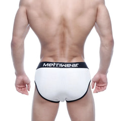 MetroMaleWear classic ribbed briefs in white with black trim and waistband featuring the metrwear logo