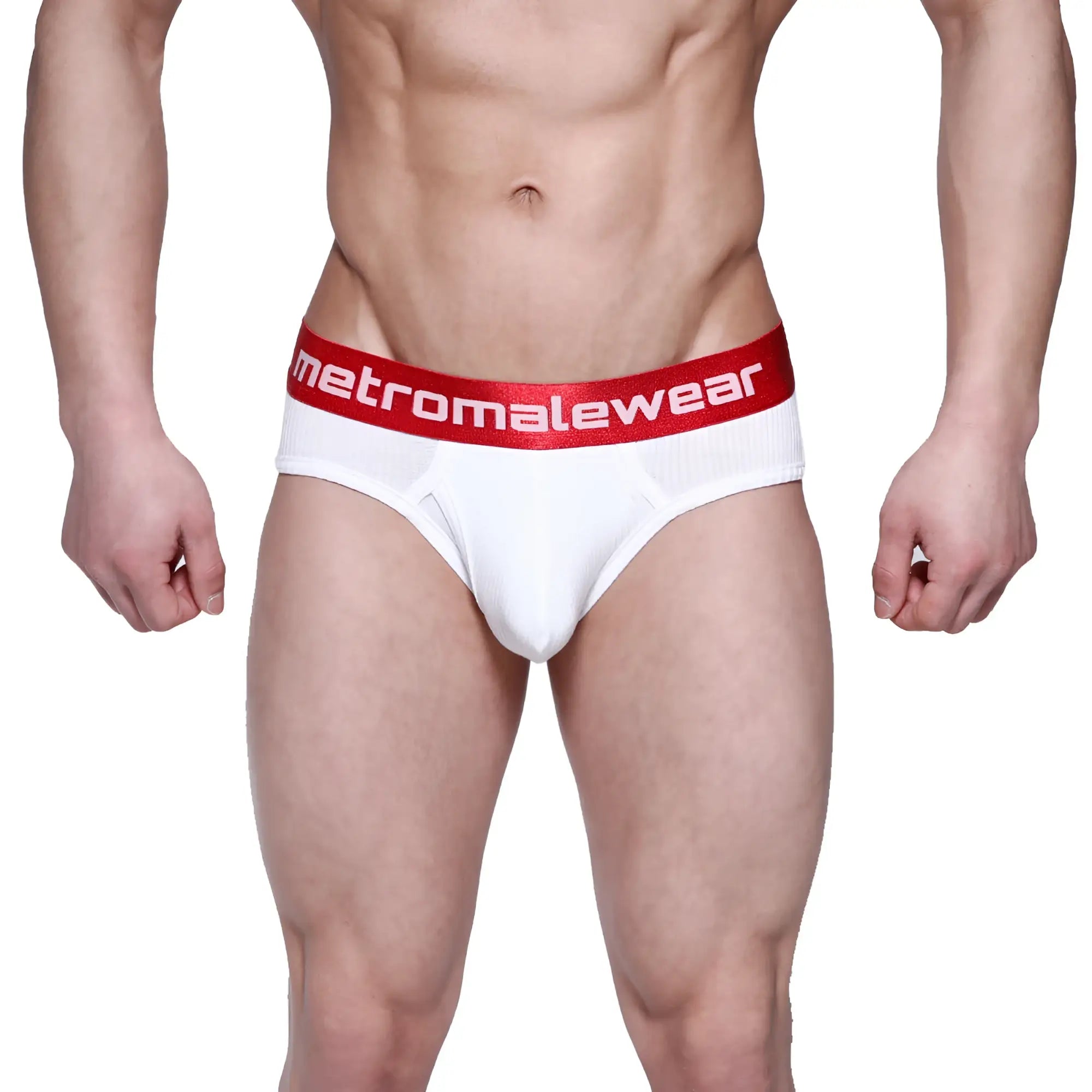 White men’s ribbed briefs with a red elastic waistband featuring metromalewear logo in white lettering