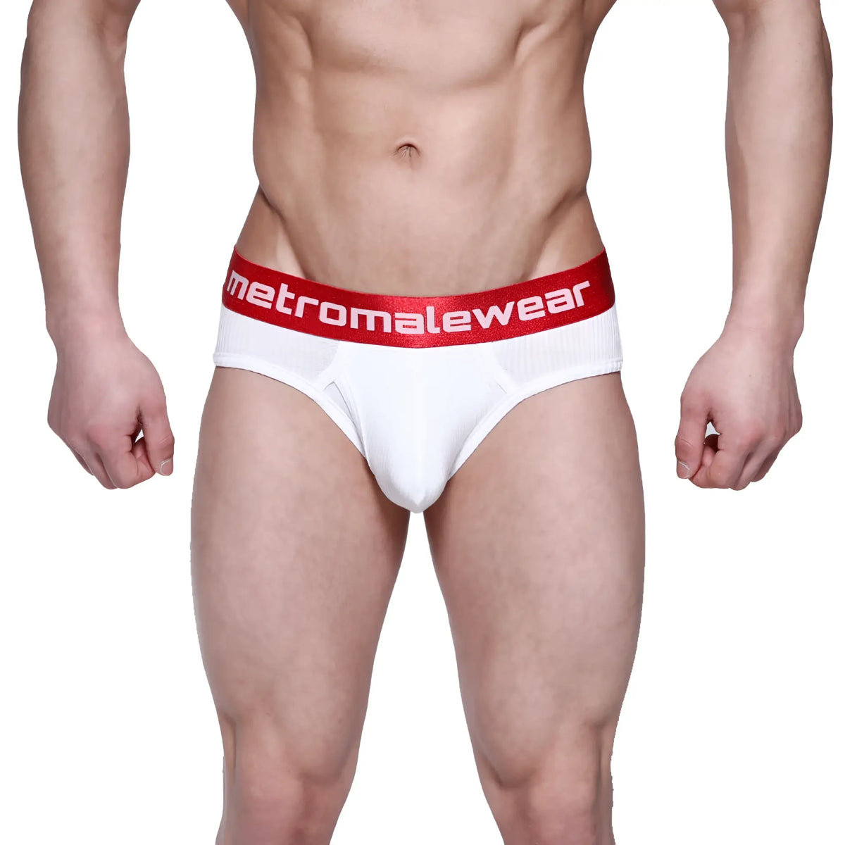 White men’s ribbed briefs with a red elastic waistband featuring metromalewear logo in white lettering