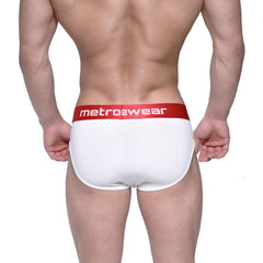 White ribbed briefs with a red waistband featuring the metro2wear logo from MetroMaleWear Classic Ribbed Brief Red 1103-02