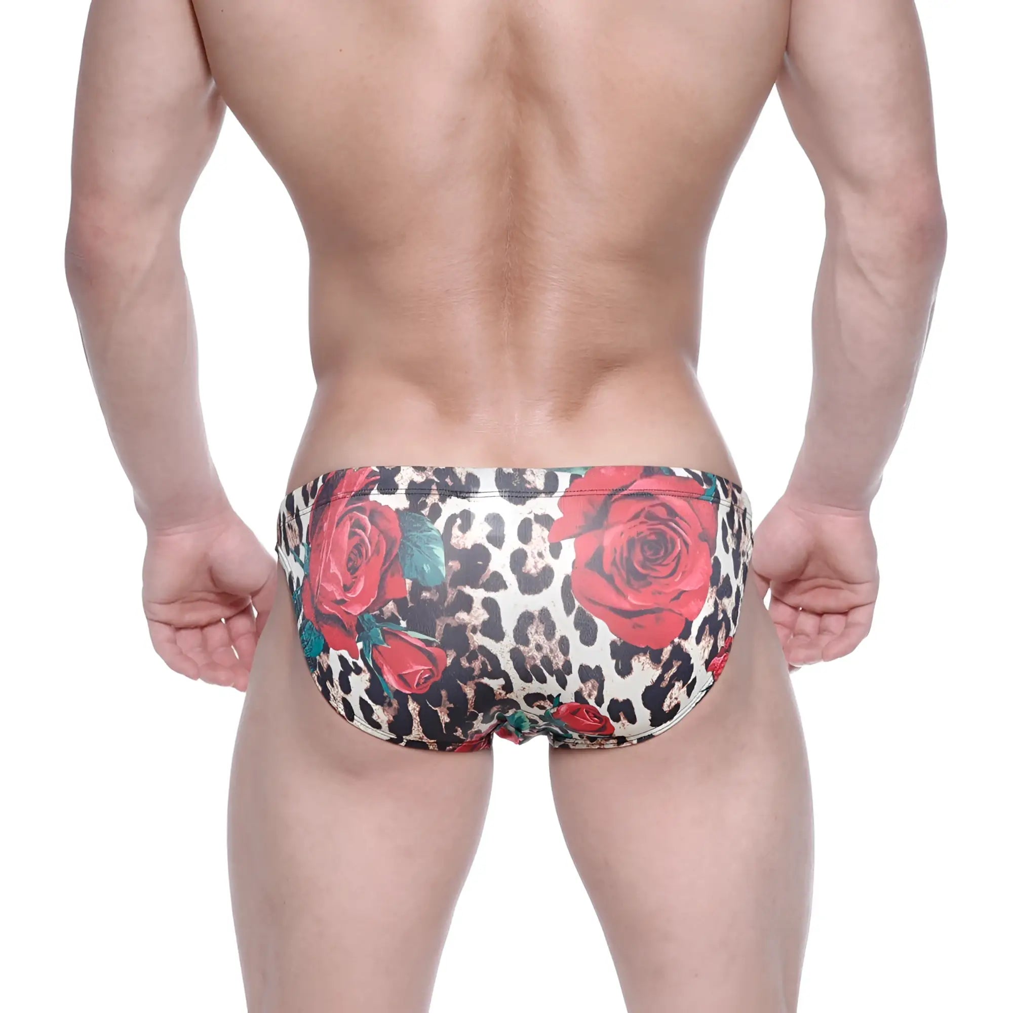 MetroMalewear classic swim bikini flora 4937-53 featuring red rose and leopard print swim trunks design