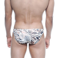 Metro male wear classic swim bikini hoja 4937-54 men’s swim trunks with tropical leaf pattern in white black and soft pink stretchy fabric