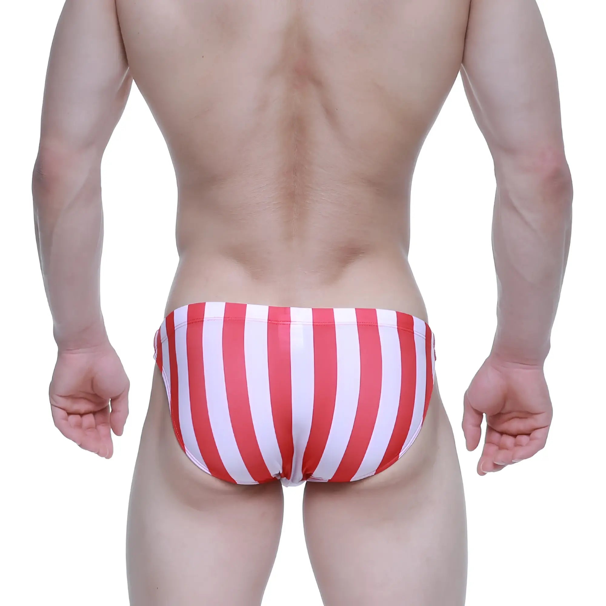 MetroMaleWear classic red and white vertically striped swim bikini made of lightweight quick-dry fabric