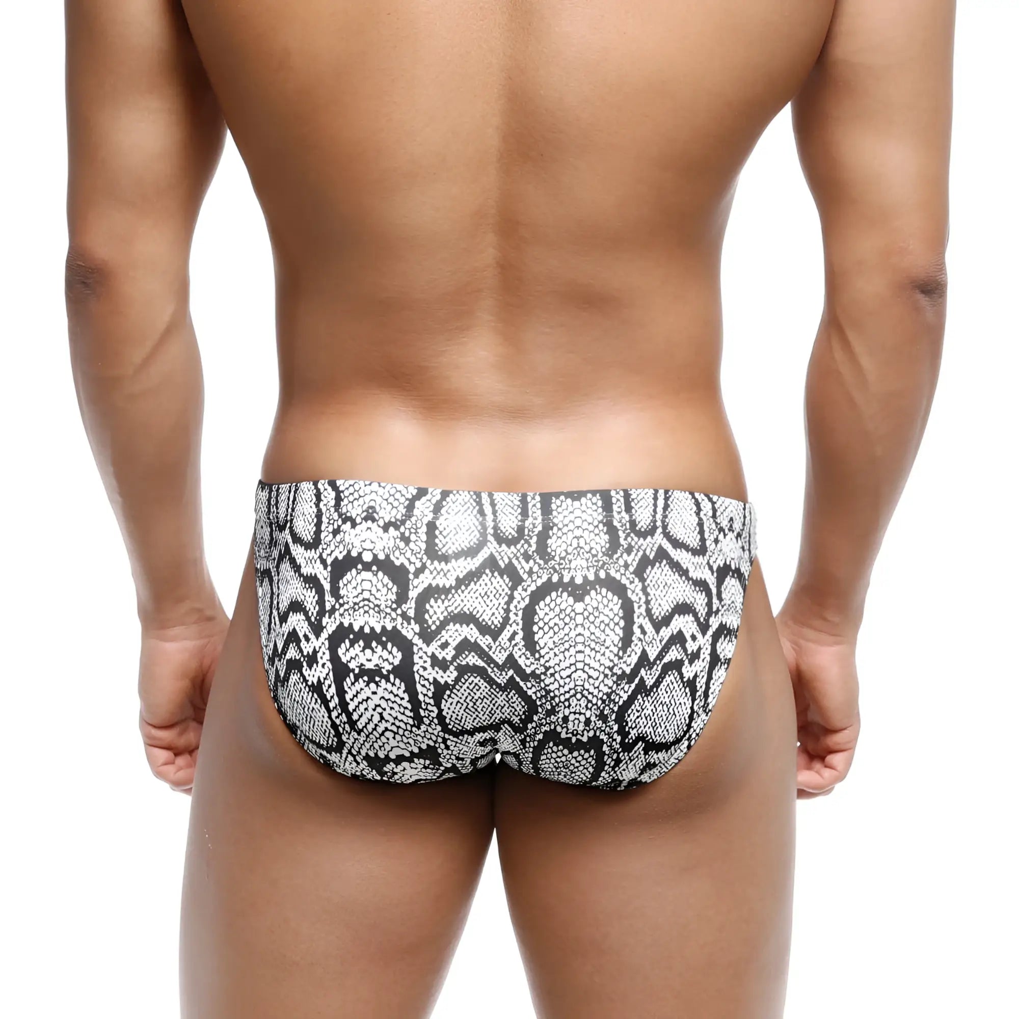 Black and white snake scale patterned swim bikini trunks by metromalewear classic for stylish beachwear