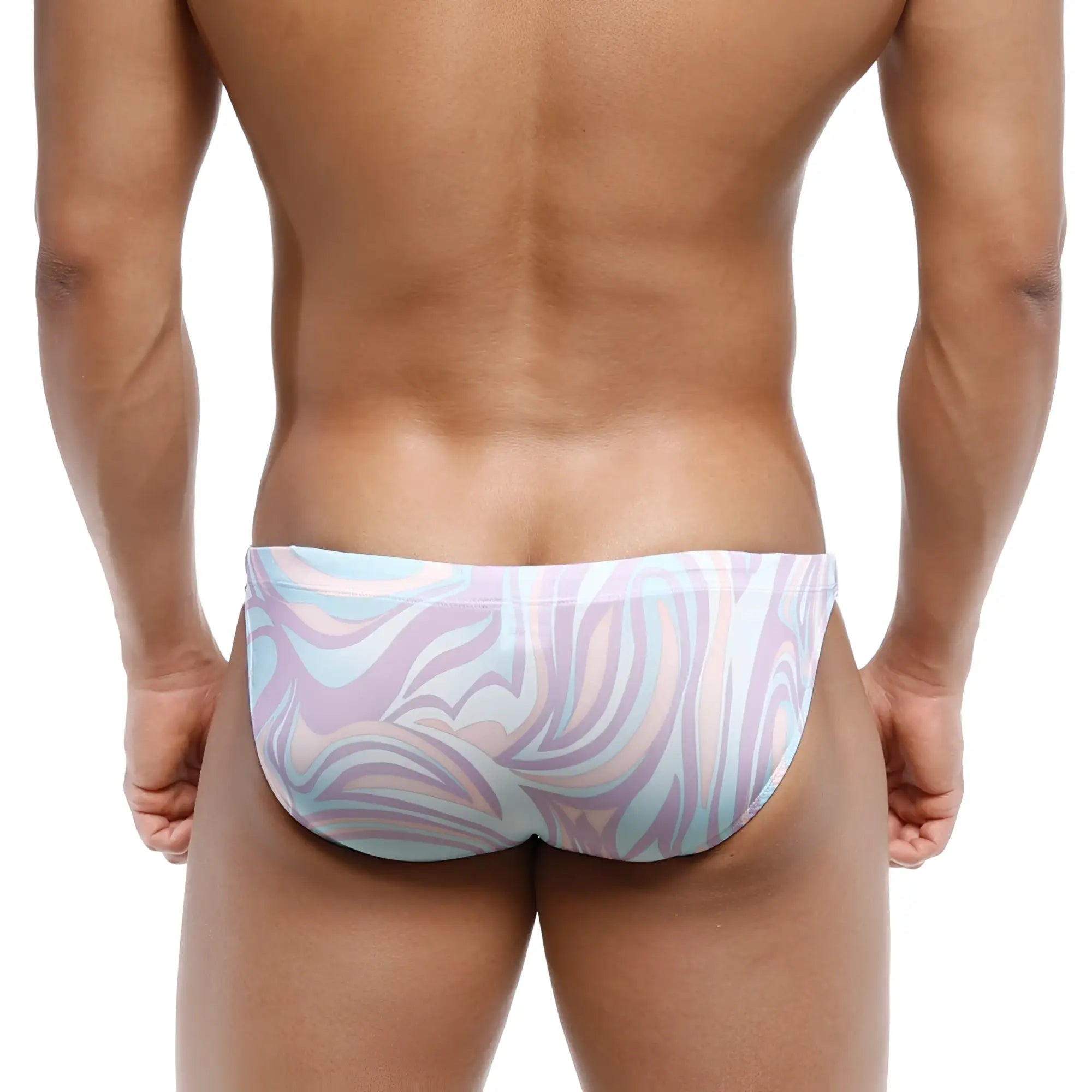 Metro malewear classic swim bikini swirl 4937-61 pastel swim trunks with lavender light blue and white abstract pattern