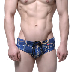 Blue swim trunks with gold chain pattern and black drawstring from metromalewear classic swim brief mayor 4914-89