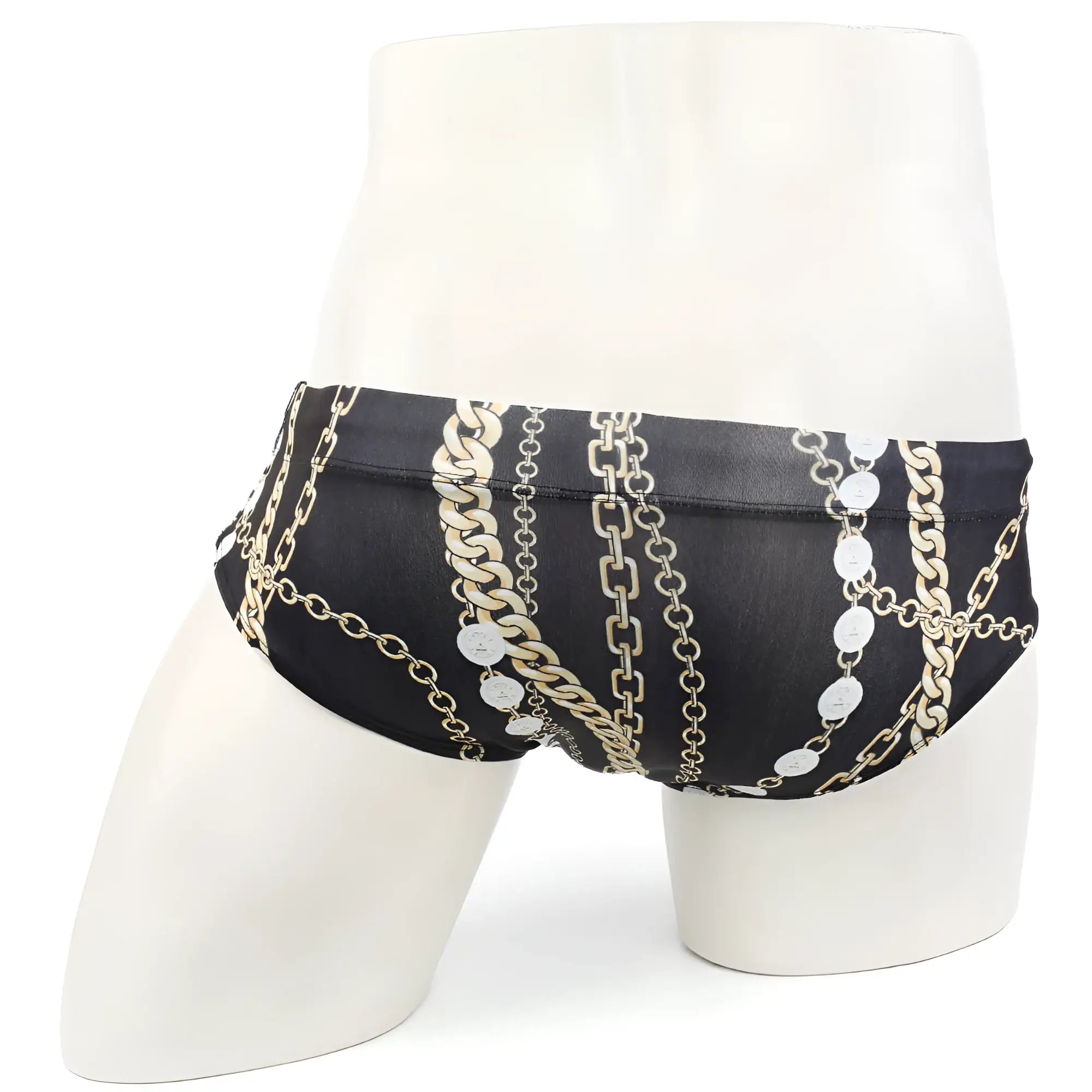 Black swim trunks by MetroMaleWear with bold gold and silver chain pattern and circular medallions for classic style