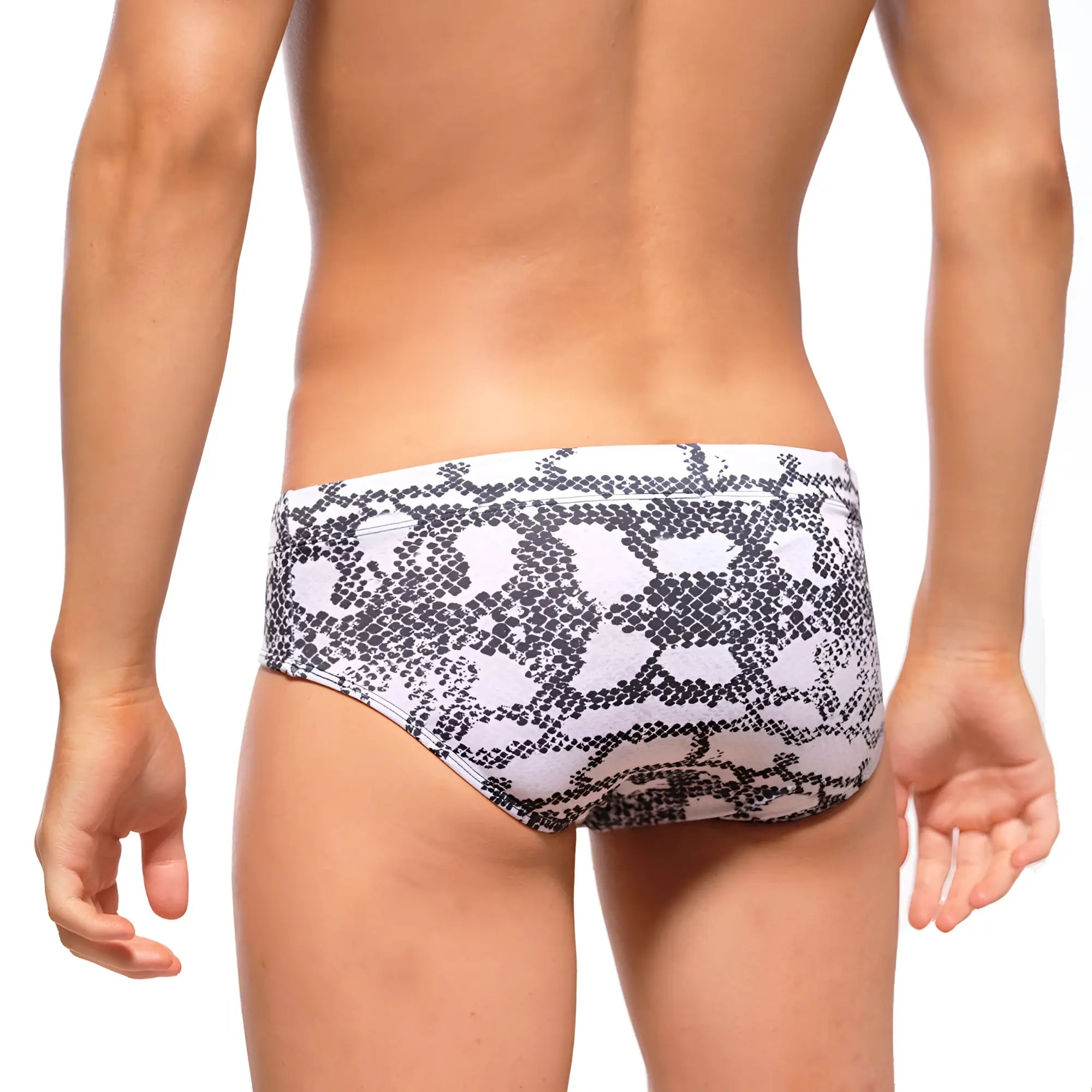 Metro male wear classic swim brief with white and black snake scale pattern perfect for swimming and beachwear